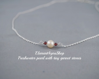 Freshwater pearl with tiny garnet necklace, Sterling silver chain, Delicate jewelry, Genuine stone necklace, Birthday gift for HER, Simple