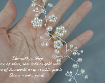 BRIDAL HAIR VINES Wedding hair vines, Delicate pearls crystals rhinestones vines, Silver rose gold wire, Handmade flower cluster Unique