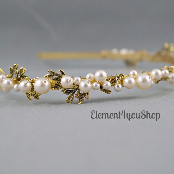 BRIDAL HEADBAND Hair Band, Pearls Gold branch Hair Piece, Ivory Cream White Pearls, Wedding Gold headband, Head piece, Hair Accessory Gift