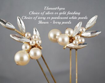 Set of 2 Gold Pearl Bridal Hair Pins | Wedding Hair Crystal Leaf Branch Headpiece | Bridesmaid Gift | Hair Accessory | Bridal Hair Decor