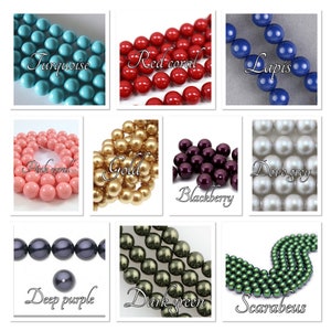 May include: A collection of beads in various colors, including turquoise, red coral, lapis, pink coral, gold, blackberry, dove grey, deep purple, dark green, and scarabeus green. Each color is labeled with its name.
