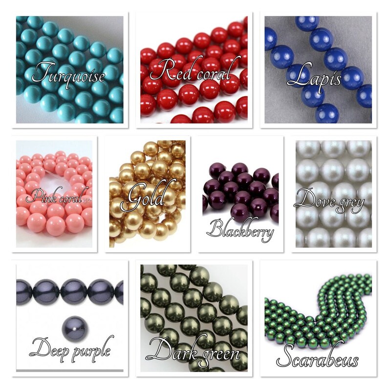 May include: A collection of beads in various colors, including turquoise, red coral, lapis, pink coral, gold, blackberry, dove grey, deep purple, dark green, and scarabeus green. Each color is labeled with its name.