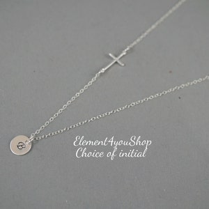Side cross sterling silver delicate necklace hand stamped initial charm birthday anniversary friends gift Simple everyday necklace Alphabet