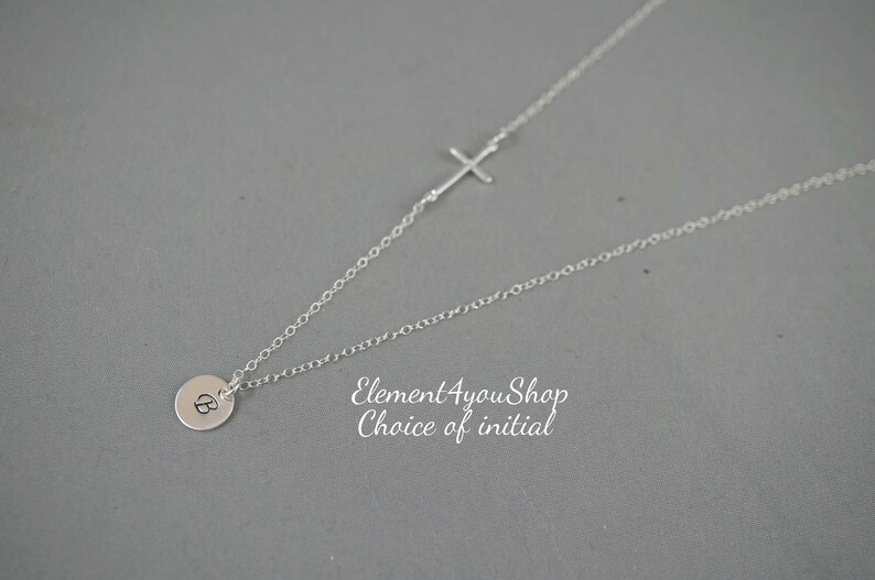 Side cross sterling silver delicate necklace hand stamped initial charm birthday anniversary friends gift Simple everyday necklace Alphabet