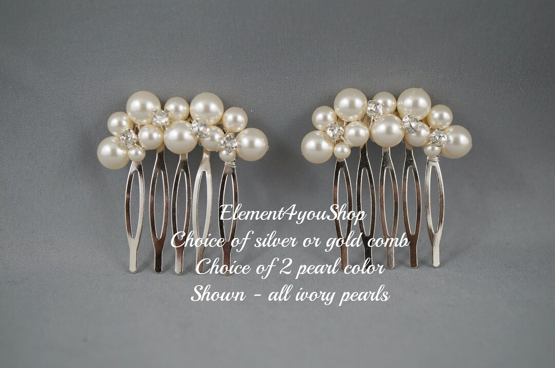 Set of 2 Bridal Small Hair Combs, Ivory Pearls, Rhinestones, Flower