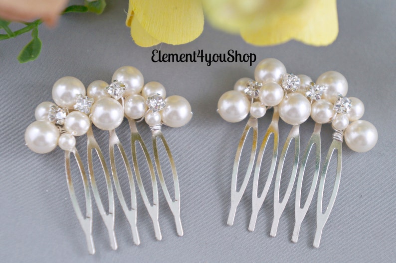Bridal small hair combs set of 2 Ivory pearls Rhinestones Etsy
