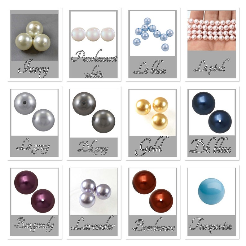 May include: A collection of pearl beads in various colors, including ivory, pearlescent white, light blue, light pink, light grey, dark grey, gold, dark blue, burgundy, lavender, bordeaux, and turquoise. Each color is labeled.