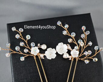 Set of 2 Bridal Hair Pins | Two Flower Hair Pins | Fall Wedding Gold White Headpiece | Bride Hair Clips | Crystal Hairpiece | Wedding Decor