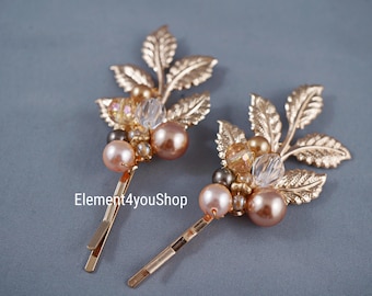 Gold Leaf Hair Pins | Pearl & Crystal Bridal Hair Clips (Set of 2)