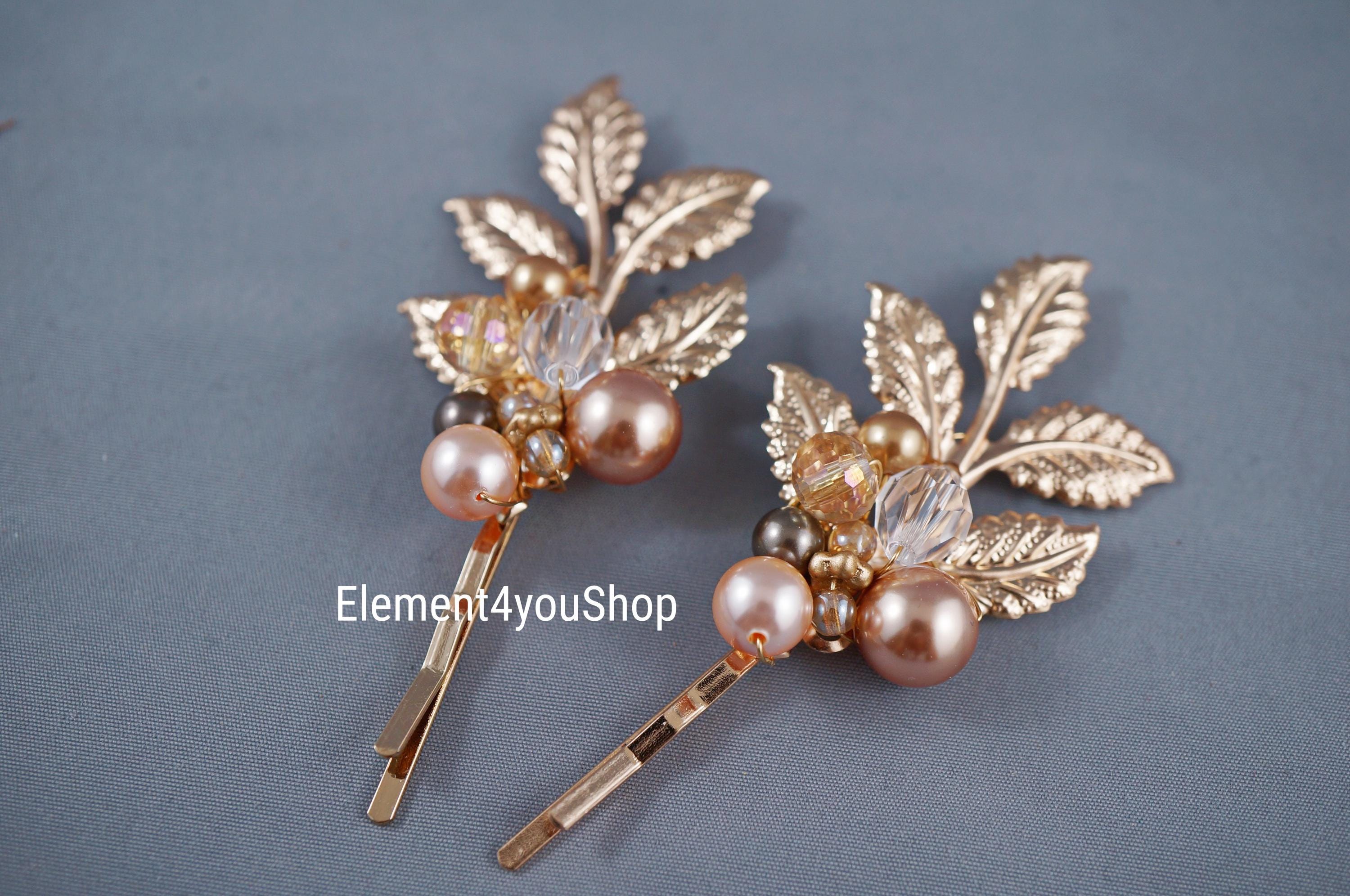 Gold Leaf Hair Pins | Pearl & Crystal Bridal Hair Clips (set 