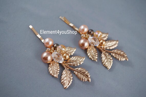 Gold Leaf Hair Pins | Pearl & Crystal Bridal Hair Clips (set 