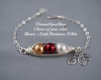 Pea Bracelet | 1-5 Peas in Pod with Leaf Initials | Personalized Gift | Best Friend, Sister, Mother, Daughter | Wire Wrapped Peas Jewelry