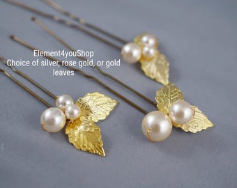 Pearl Leaf Bridal Hair Pins Set | Gold, Rose Gold, or Silver
