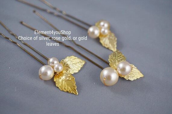 Pearl Leaf Bridal Hair Pins Set | Gold, Rose Gold, or Silver  display picture 1