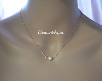 Thin gold chain Floating freshwater pearl Necklace Rose gold Sterling silver  Bridal necklace Bridesmaid Gift Maid of Honor Mother of Bride