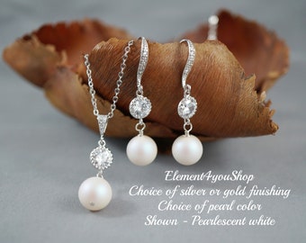 HANDMADE JEWELRY set wedding bridesmaid necklace earrings custom pearl color cubic zirconia CZ  bridal party gift simple unique pendant drop
