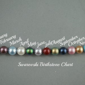May include: A Swarovski birthstone chart featuring a row of twelve colorful beads, each representing a month of the year. The beads are in various colors, including brown, purple, blue, white, green, and red. The text "Swarovski Birthstone Chart" is below the beads.