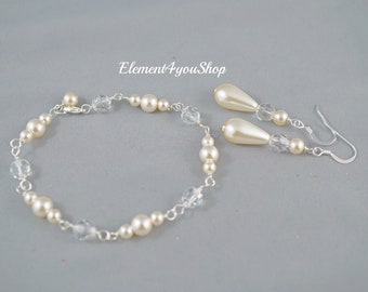 BRIDAL BRACELET EARRINGS Wire wrapped bracelet, Pearls crystals jewelry, Sterling silver, Bridal jewelry, Delicate jewelry Bridesmaid gifts