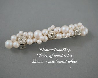BRIDAL BARRETTE Wedding Pearl Cluster Ivory Pearlescent white rhinestone balls cream pearls, Accessories, Wedding French Hair Clip
