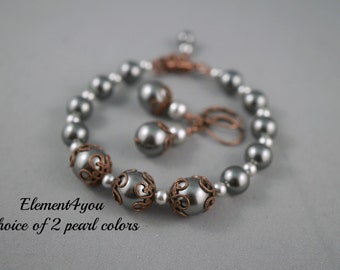 FALL BRIDESMAID GIFT Bracelet with Earrings set, Swarovski pearls, Gift for Bridal Party, Antique Copper Jewelry, Pearl bracelet set