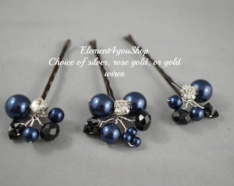 Navy Blue Hair Clips | Wedding Headpiece Set of 3 | Bridal & Bridesmaid Hair Accessories | Formal Hair Do | Handmade Fall Bridal Party Gift