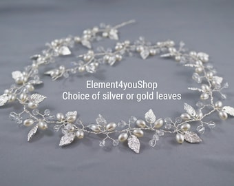 Silver Leaf Wedding Hair Vine | Crystal & Pearl Bridal Headband