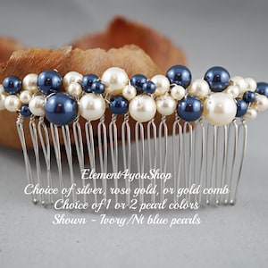 Bridal Hair Comb | Navy Blue & Ivory Pearls | Wedding Hair Accessories | Bridesmaid Hair Comb | Veil Attachment | Fall Headpiece