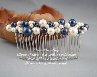 Bridal Pearl Hair Comb | Navy Blue & Ivory Wedding Hairpiece