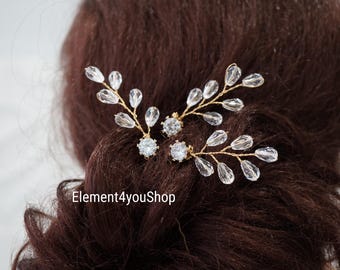 Handmade Crystal Bridal Hair Pins - Set of 3 | Gold Wedding Headpiece