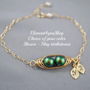 1-6 Peas in Pod Gold Bracelet | Initials & Leaf Charms | Personalized Swarovski Pearls | Best Friend, Sister, Grandmother, Daughter Gift