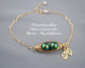 1-6 Peas in Pod Gold Bracelet | Initials & Leaf Charms | Personalized Swarovski Pearls | Best Friend, Sister, Grandmother, Daughter Gift