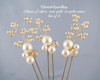 Bridal Pearl Crystal Hair Pins Set of 3 | Wedding Hair Accessories
