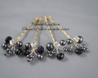 WEDDING HAIR PINS, Wedding Hair Accessories, Black pearls crystals, Rhinestone Clips, Bridesmaid Hairdo, Prom hairdo, Hair vines set Silver