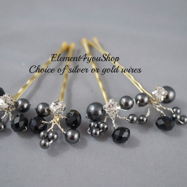 WEDDING HAIR PINS, Wedding Hair Accessories, Black pearls crystals, Rhinestone Clips, Bridesmaid Hairdo, Prom hairdo, Hair vines set Silver