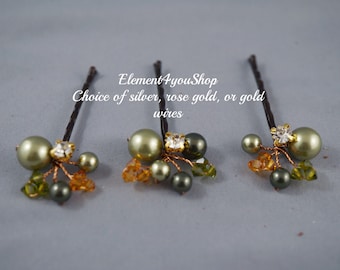Fall Hair Clips Set of 3 | Wedding Headpiece | Bobby Clips for Bride, Bridesmaid, Bridal Party | Green & Orange Handmade Hair Accessories