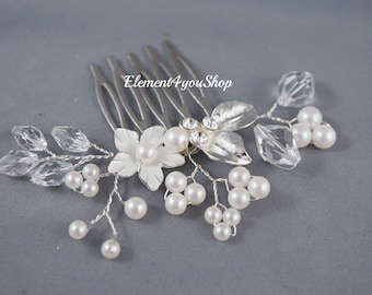 Bridal Hair Comb | Flower & Leaf Fall Hair Accessories | Silver Pearlescent White Hair Comb | Wedding Hair Piece | Elegant Wedding Hairstyle