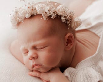 Boho neutral style floral halo - newborn and young baby photography headband props - sunny