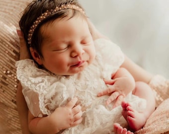 PEACHY PEARLS - newborn photography beaded headband/tieback