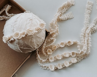 Vintage lace blossom tieback - Newborn photography prop neutral organic style headbands