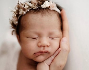 Neutral vintage style floral halo - newborn photography headband props
