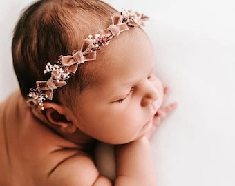 Diadema con lazo color malva - para atar - fotografía de recién nacidos