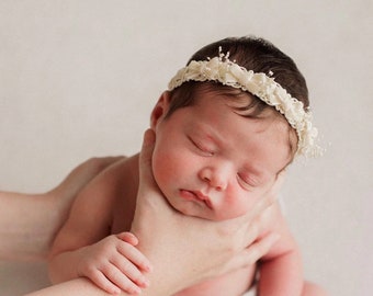 Cream bows tieback - newborn photography props dainty bow headband
