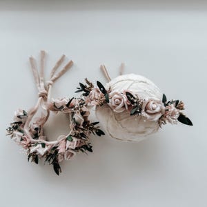 Dusky mauve rose floral halo - newborn photography headband props dried eucalyptus flower crown