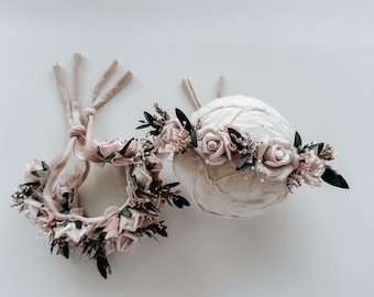 Dusky mauve rose floral halo - newborn photography headband props dried eucalyptus flower crown