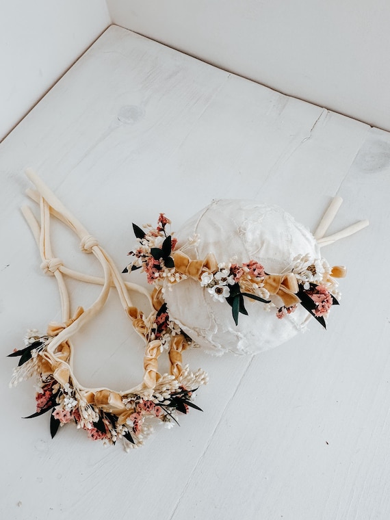 Wildflowers & yellow bows headband - tieback - newborn photography prop floral halo