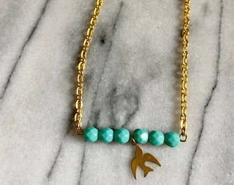 Collier barre, collier simple, collier moderne, collier de tous les jours, chaîne en or, collier cadeau, collier superposé, perles turquoises, oiseau doré