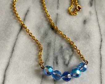 Curved Bar Necklace, Simple Necklace, Modern Necklace, Everyday Necklace, Gold Chain, Gift Necklace, Blue Beads, 18.5"