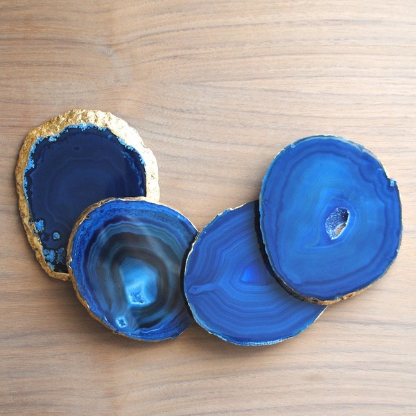 Gold Rimmed Agate Coasters - Set of Four, Blue Agate Coasters