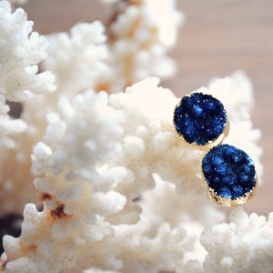 Druzy Stud Earrings. Druzy Post Earrings. Blue Druzy Earrings. Round Druzy Earrings. Gold Edge Earrings. Purple Druzy Earrings