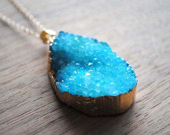 Long Druzy Necklace, Aqua Blue Druse Crystal with 18 karat Gold Edge on 30" 14k Delicate Gold Filled Chain, Druzy Necklace